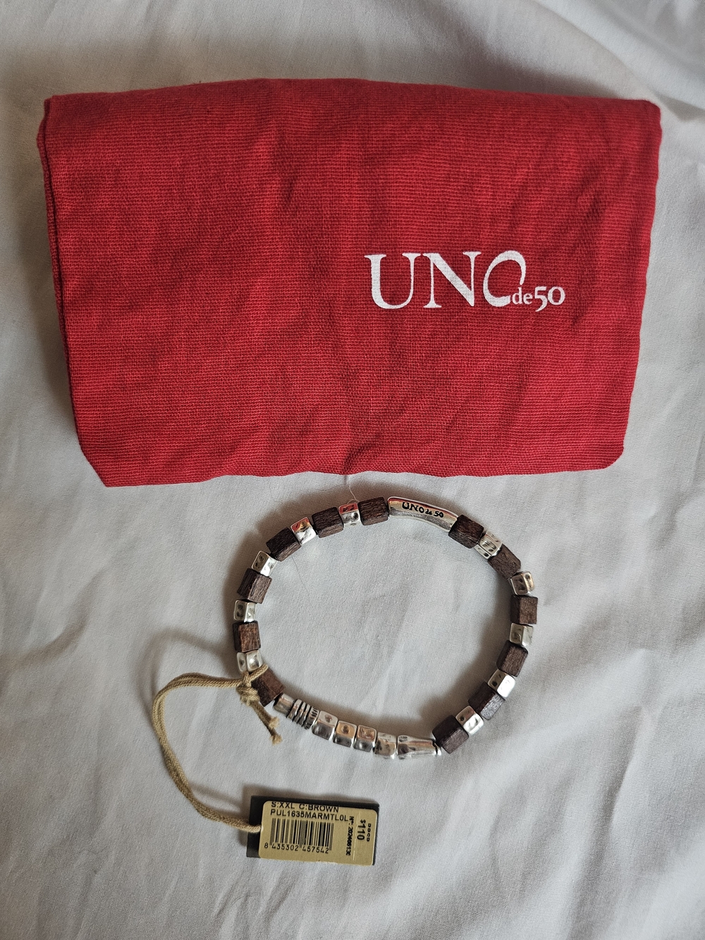UNO de 50 Wooden & Silver Beaded Bracelet - Brown/Silver Size XL 7.3"